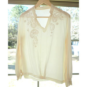 Vintage Cream Silk Keyhole Long Sleeve Blouse Cottage Feminine Modest‎ Coquette